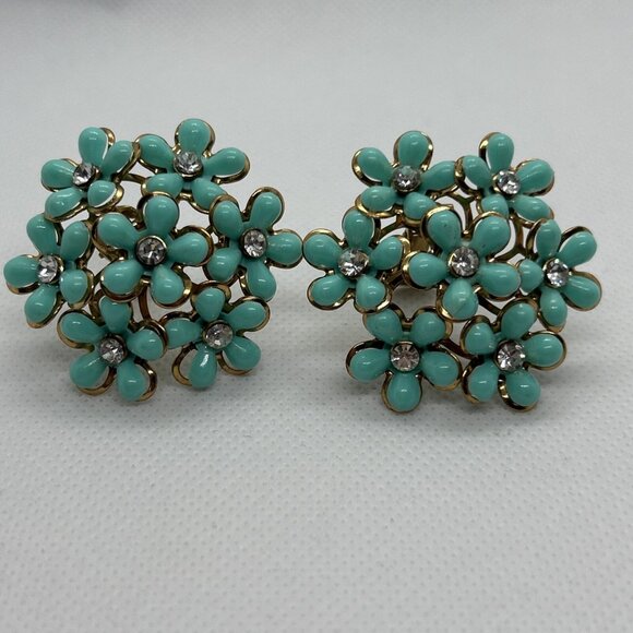 Unbranded Jewelry - Vintage 50-60s Floral Cluster Clip On Earrings with Clear Rhinestones Turquoise